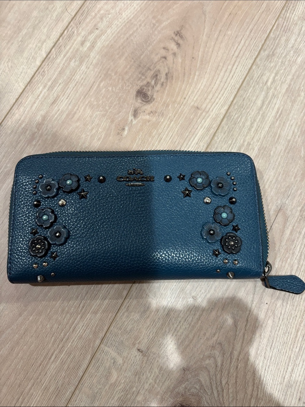 Coach Teal Floral Stud Zip-Around Wallet